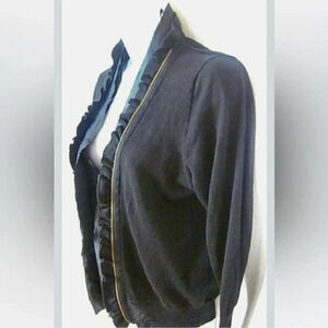 J CREW Black Zip Cardigan Sweater Silk Trim Pima Cotton & Wool Small